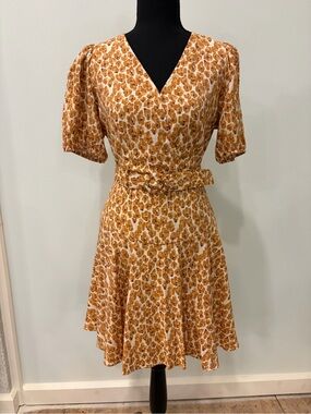 Nine West Mustard Animal Print V-Neck Belted Midi Dress